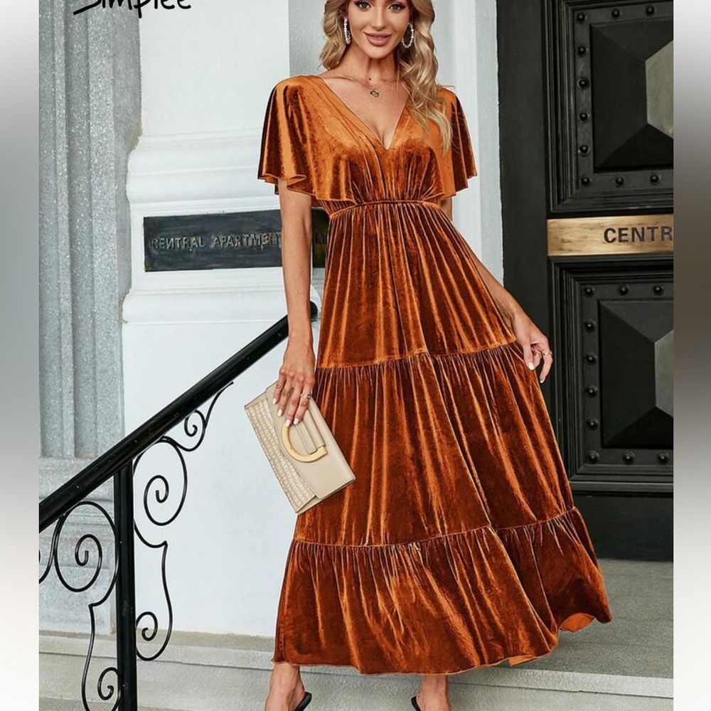Simplee Velvet Butterfly Sleeve Ruffle Rust Maxi Dress Size M